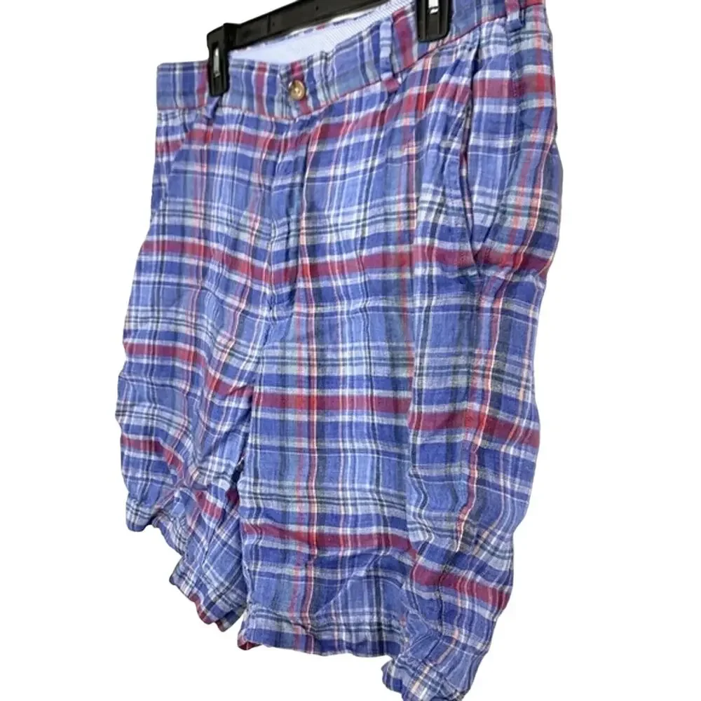 PETER MILLAR Blue Pink Linen Men's Flat Front Shorts Golf Casual Plaid sz 34